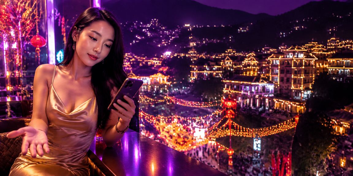 Trò chơi bài neon về đêm tại Sapa với ánh đèn rực rỡ trên nền núi rừng